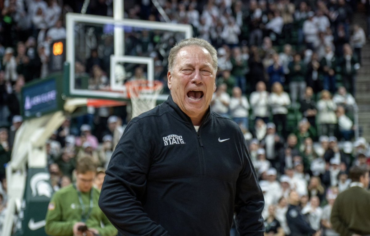 MSU men's basketball head coach Tom Izzo addresses the crowd after the Spartans 86-74 win over Oregon (East Lansing, Feb. 8, 2025).